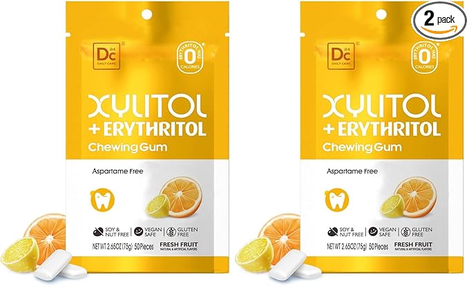 DC24 DAILY CARE Gum, Aspartame Free & Sugar Free, Xylitol Chewing Gum with Erythritol, Low-Calorie, Sugarless, Fresh Fruit Flavored Gum, 50 Pieces (Pack of 2)