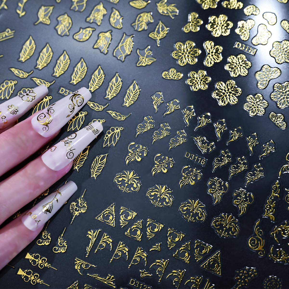 30 Sheets Gold Nail Art Stickers Lace Flower 3D Self Adhesive Leaf Nail Decals Hollow Retro Floral Nail Sticker Baroque Court Supplies for Women DIY Manicure Nail Art Decoration Accessories