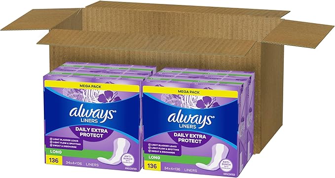 Always Anti-Bunch Xtra Protection Daily Liners, Long Length, Unscented, 136 Count x 2 (272 Count Total)