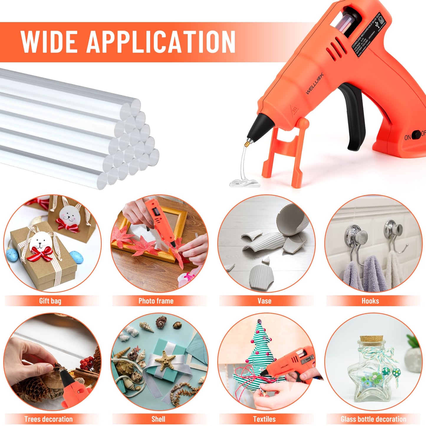 WELLUCK Cordless Hot Glue Gun, USB Rechargeable Wireless Mini Hot Melt Glue Gun with 20 Glue Sticks and USB Cable, Battery Operated Glue Gun DIY Tool for Art, Crafts, Decorations, Fast Repairs