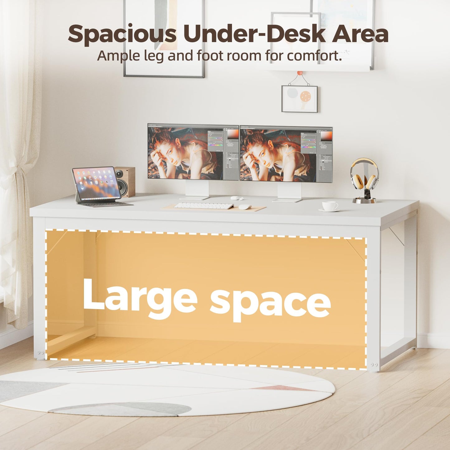 Mericonia 48 Inch Computer Desk, 1" Thick Heavy Duty Industrial Office Desk, Modern Simple Study Writing Table for Home Office Bedroom Workstation, White