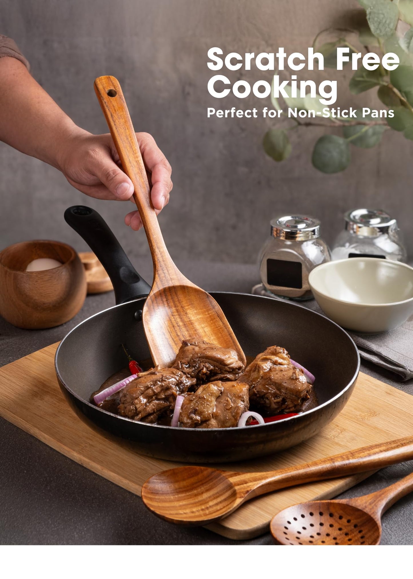 New Kitchen 6 Piece Non Toxic Wooden Spoons for Cooking - Smooth Finish Teak Kitchen Utensils Set - Non-Stick Wooden Spatula Perfect for Pasta, Mixing and Kitchen Essential and Gift