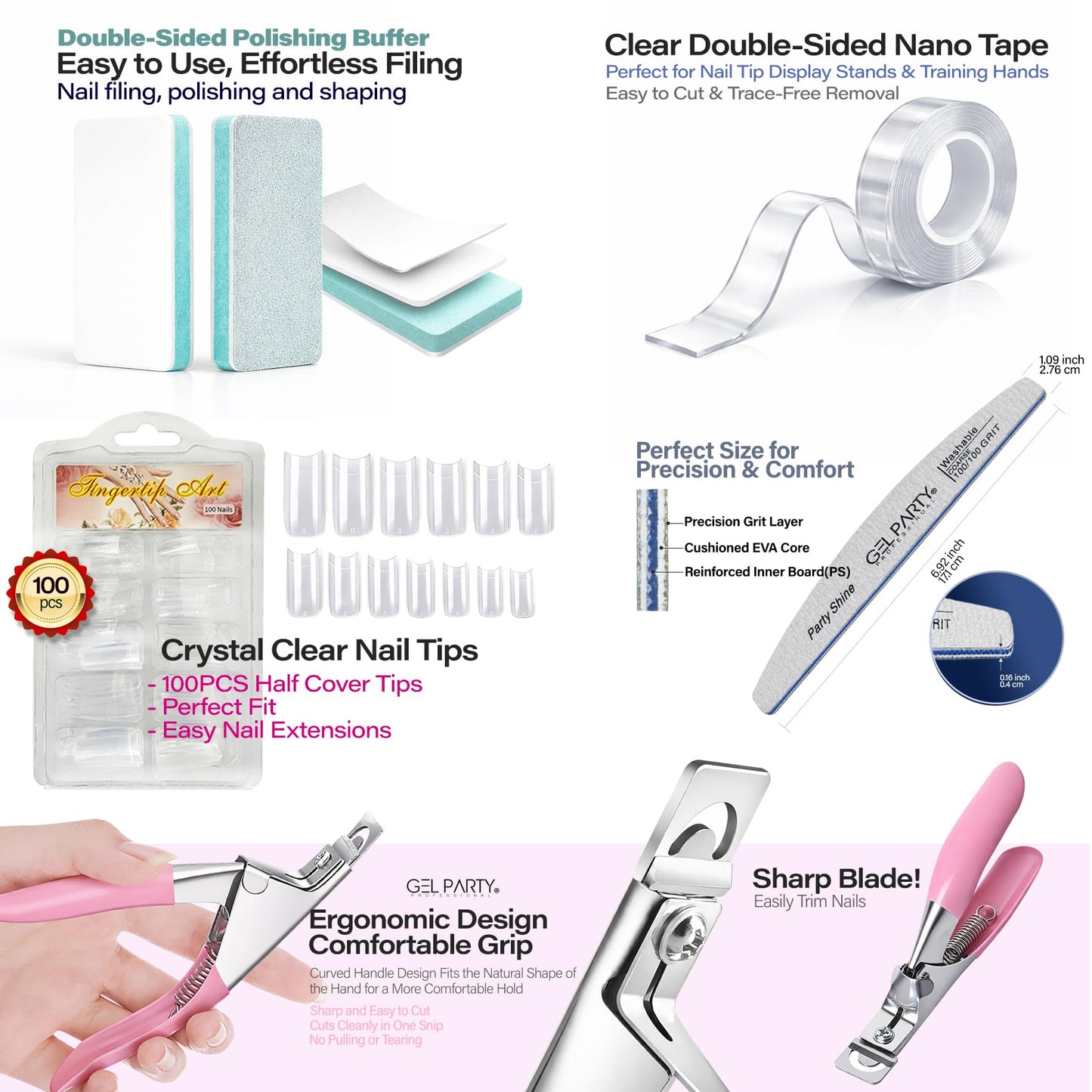 GELPARTY Flexible Nail Practice Hand with Table Clamp - Full Training Starter Kit for Acrylic & Gel Nails, Includes 200pcs Brown Tips, Clippers, Files & Brushes - Professional Manicure Set (Set B+)