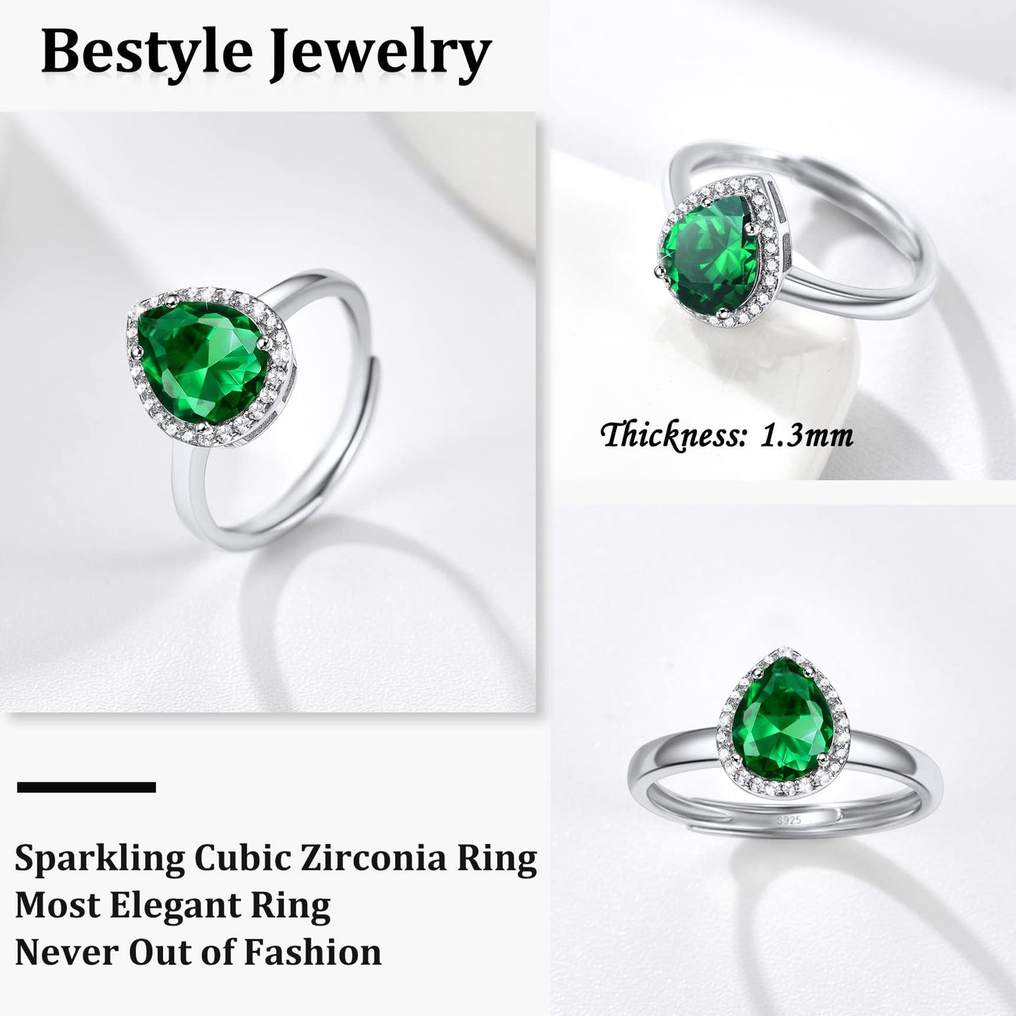 Bestyle Teardrop May Emerald Birthstone Rings Embellished with White Cubic Zirconia Minimalist Sterling Silver Open Band Gemstone Rings for Birthday/Christmas/Party/Anniversary/Wedding