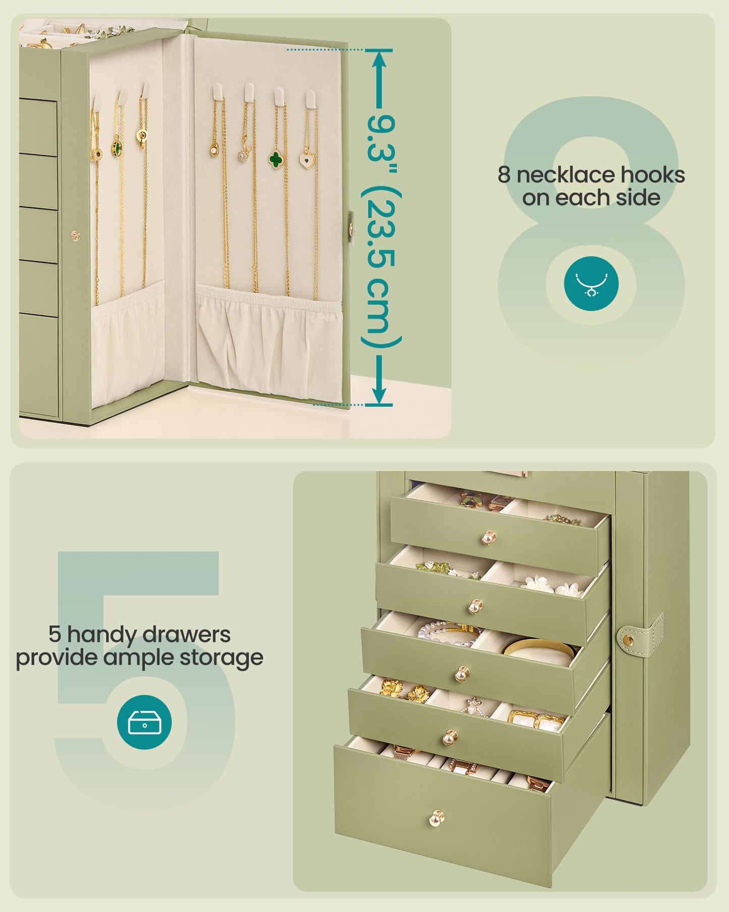 SONGMICS 6-Layer Jewelry Box Organizer with 5 Drawers, Jewelry Storage Case with Lock and Mirror, Large Storage Capacity, Gift for Loved Ones, for Necklaces, Watches, Sage Green UJBC152CE01S