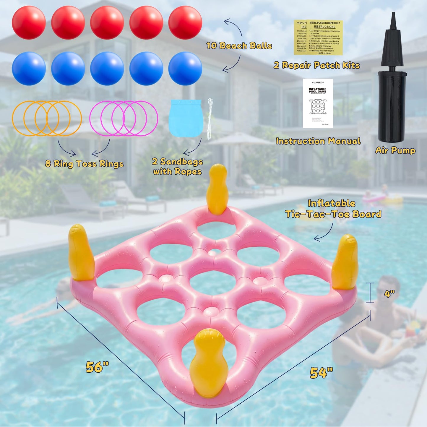 ECHTPower Tic-Tac-Toe Pool Toys Games - 2-in-1 Giant Inflatable Pool Floats with Ring Toss Set and 10 Balls, Fun Summer Party Water Beach Float Pool Game for Adults Teens Kids (Pink)
