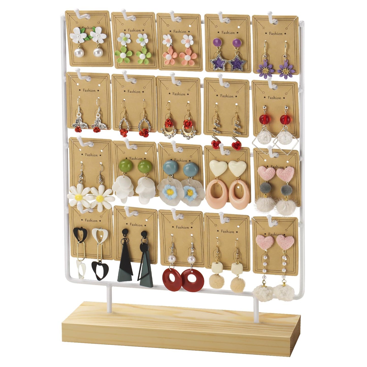 shidaishiye Earring Display Stand for Selling,Earring Display for Vendors, Wood Earring Rack Tower Display Holder Stand with Card (4 Tier,20 Hooks, White)