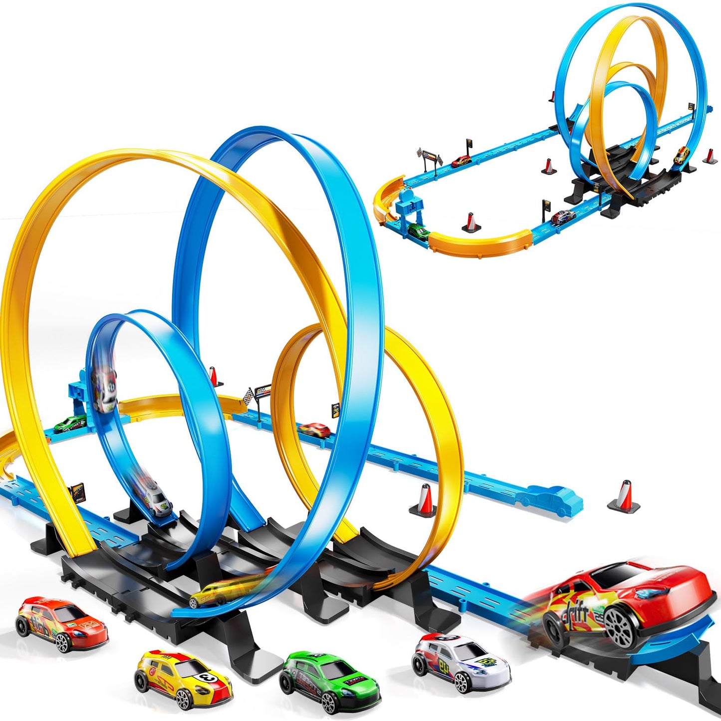 LILYBUDS Toy Car Race Track Set for Boys Kids Age 3-5 4-7, Race Tracks with 4 High-Speed Pull Back Race Cars and Crash Zones, Christmas Halloween Birthdays Gifts Toys for Boys Kids 4-6 8-12 Years Old