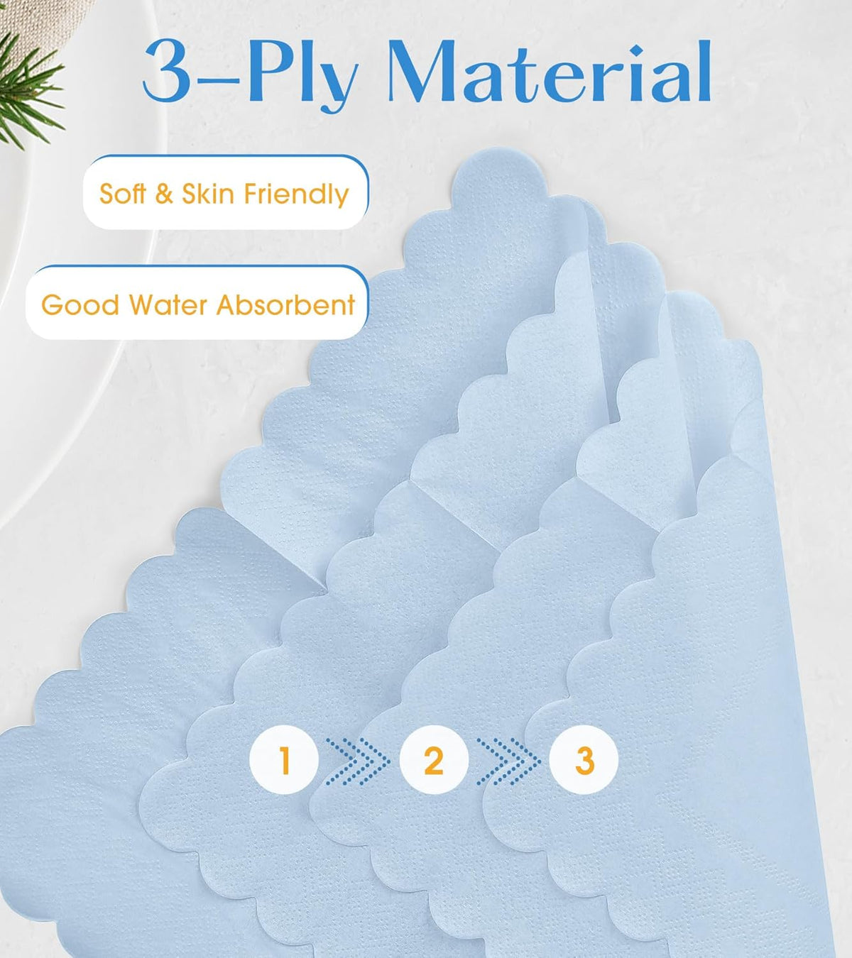 100 Pack Cocktail Napkins, 3-Ply Scalloped Edged Wedding Napkins Folded 5 x 5 Inches Dessert Napkins, Disposable Napkins for Dinner Birthday Party Bridal Anniversary Baby Shower Reception (Light Blue)