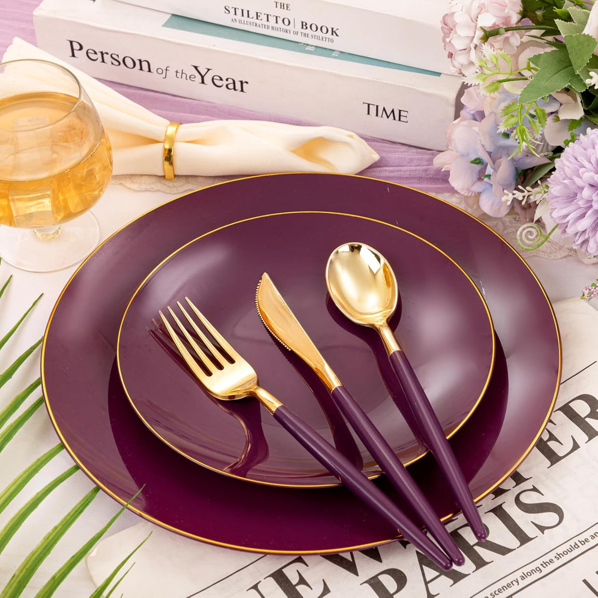 Liacere 150PCS Purple Plastic Plates - Gold Plastic Silverware with Purple Handle - Disposable Plates Include 30 Guests Plates, Forks, Spoons, Knives for Wedding&Father's Day&Independence Day