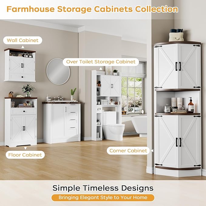 64.8" Farmhouse Corner Cabinet, Dining Room Tall Corner Cabinet with 4 Barn Doors and 5 Storage Shelves, Bar Storage Cabinets for Kitchen, Living Rooms, Laundry Room White