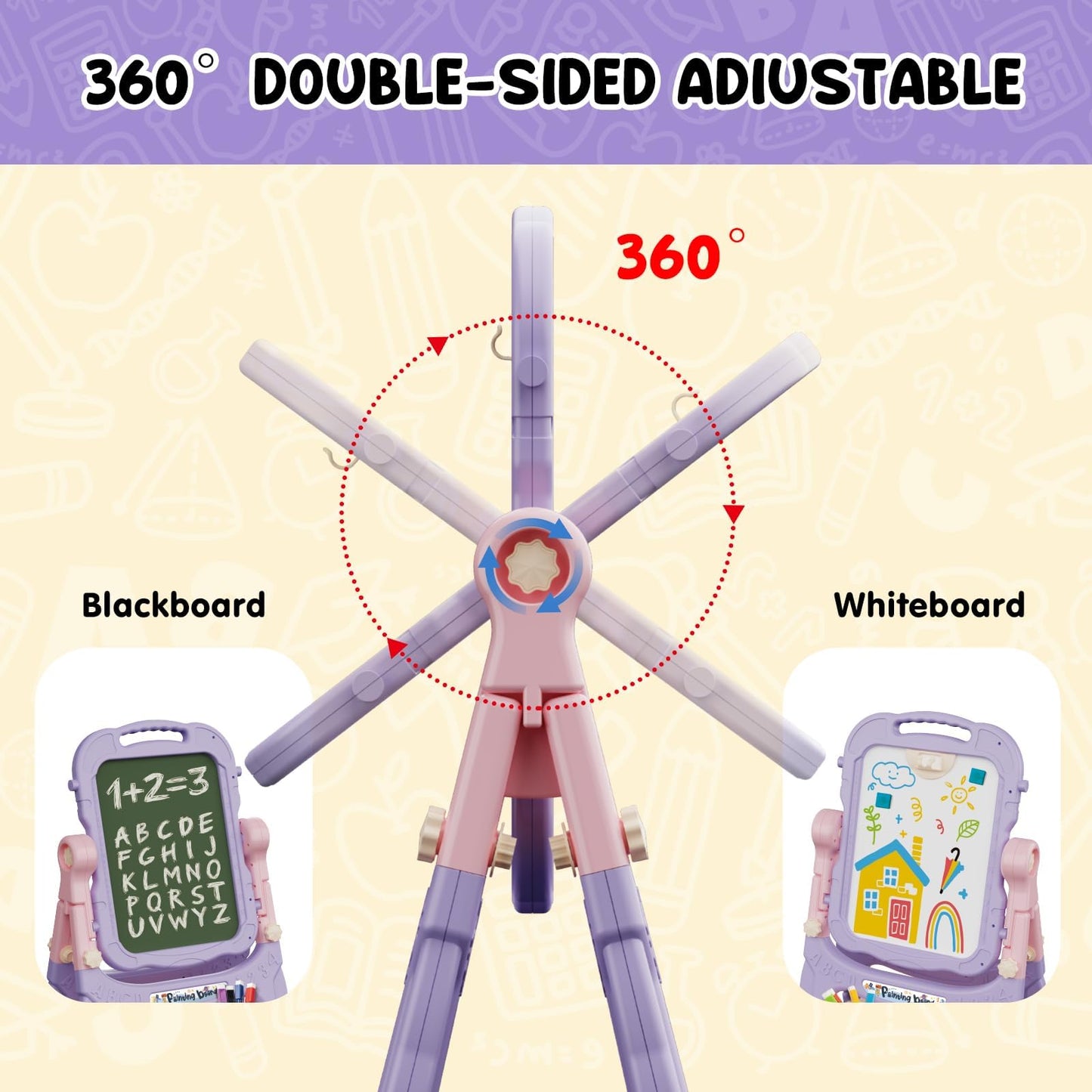 AuntyFey Easel for Kids, Toddler Easel, Double-Sided Chalk Board Kid, White Board, Kid Art Easel, Art Easel Age 4-8, Christmas Gift, Pink&Purple