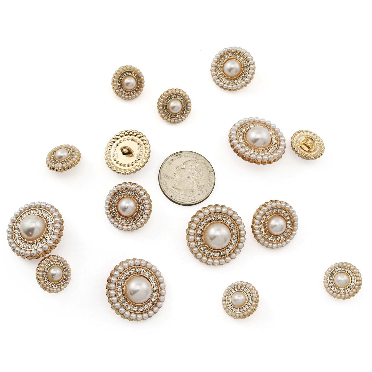 XGNG 16PCS Gold Diamond-Encrusted Pearl Buttons Metal Button Rhinestone Faux Pearl Buttons Embellishments for Coat, Suits, Knitting Sweaters, Sewing Crafting