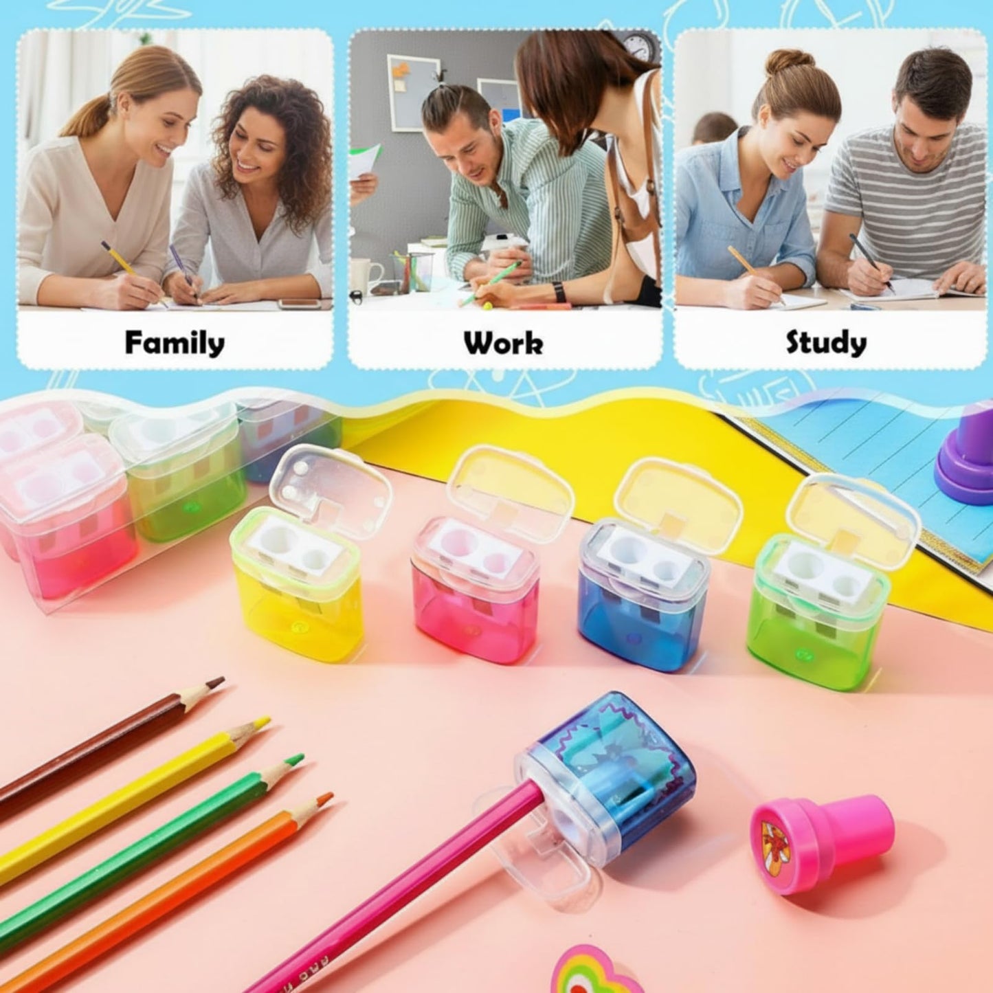 Teling 216 Pcs 180 Pcs Manual Pencil Sharpeners Bulk Handheld Dual Holes Pencil Sharpeners Colorful Portable Compact Sharpener with Lid for Home Office Supply