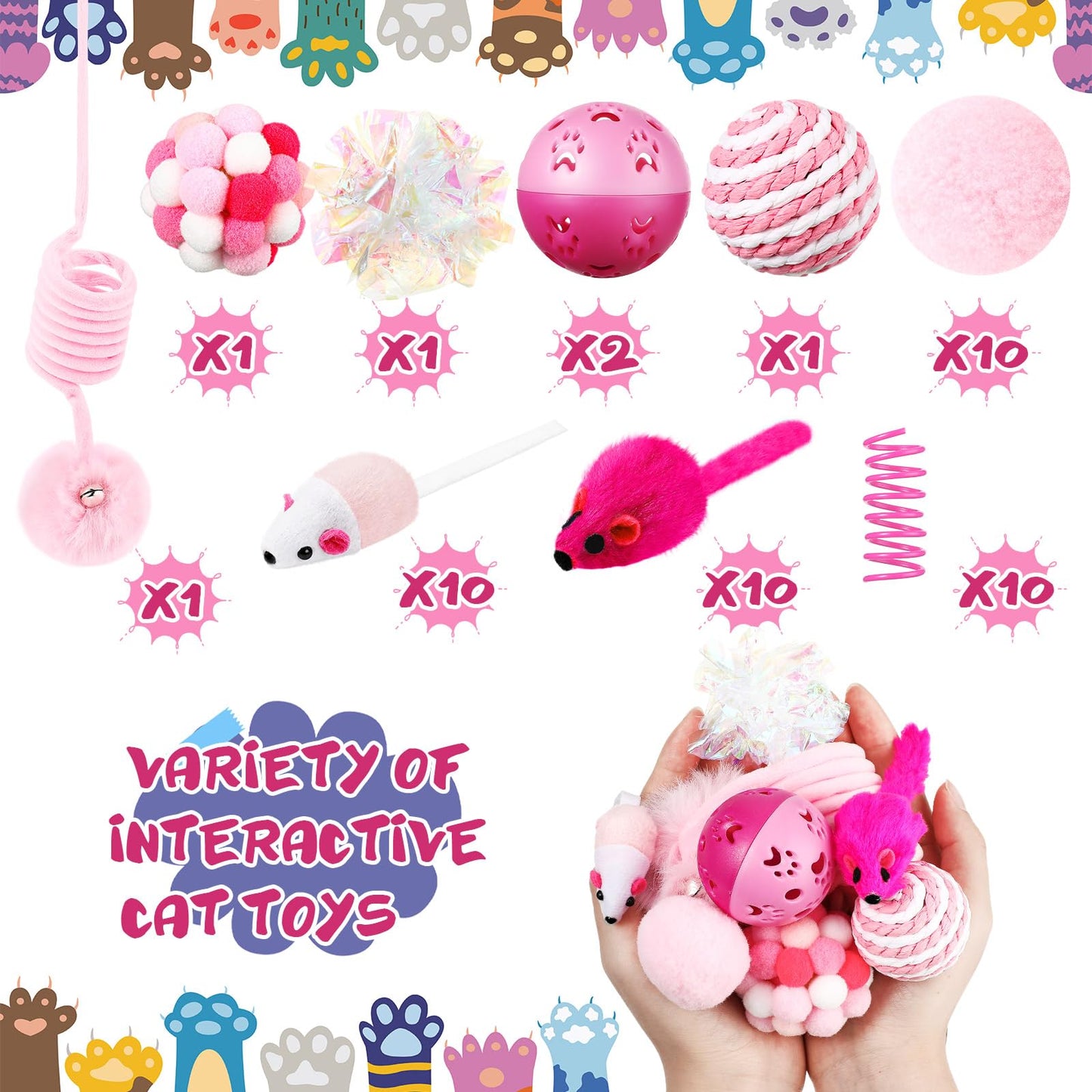 Gemscream 46 Pcs Cat Toys Set Interactive Cute Cat Toys Include Fur Mice Rattle Springs Crinkle Balls Pompom Bell Sisal Ball Puzzle Chase Toys for Kitten Indoor Stuff Gift(Pink)
