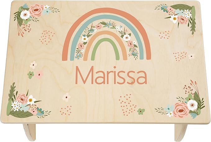Step Stool for Toddlers- Personalized Wood Kids Step Stool with Name for Kitchen Sink, Bathroom, Potty Training, Toilet, Kitchen Sink- Sturdy and Safe- Made in USA by BloomOwl (Rainbow- Floral)