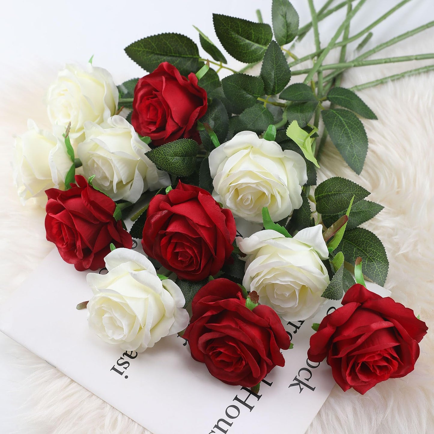 FLORRALIA White Fake Roses Artificial Flowers - 16 Pcs Fake Artificial Roses Silk Flowers with Stems for Home Wedding Hotel Office Centerpiece Decor
