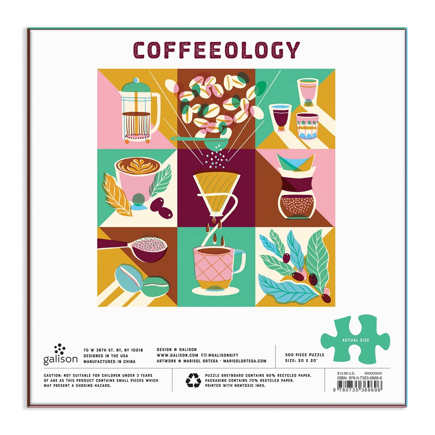 Galison Coffeeology Puzzle, 500 Pieces, 20” x 20” – Coffee Jigsaw Puzzle with Beautiful Illustrations by Marisol Ortega – Thick Sturdy Pieces, Challenging Family Activity, Makes a Great Gift