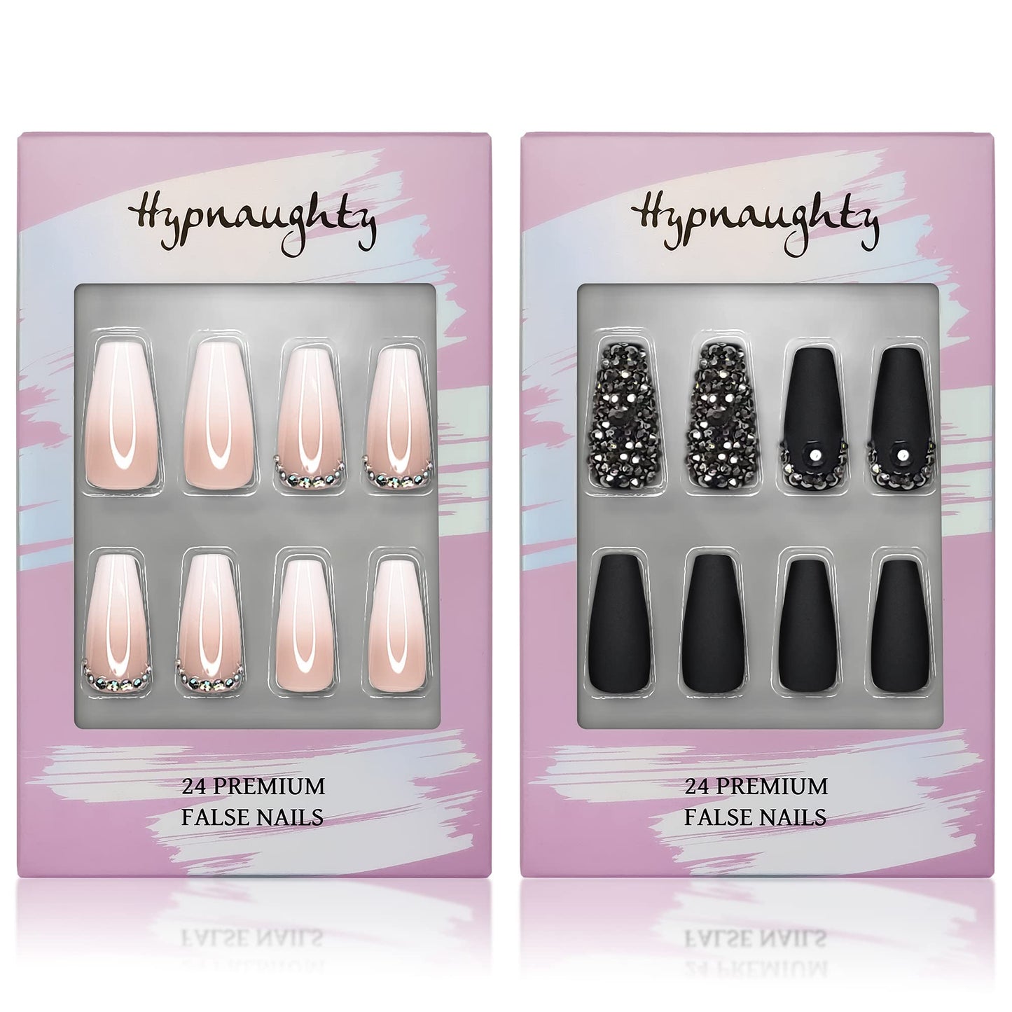 Hypnaughty Press On Nails - Rhinestone & Rhinestone Noir Coffin, Trendy & Salon Quality Reusable Nails With Kit