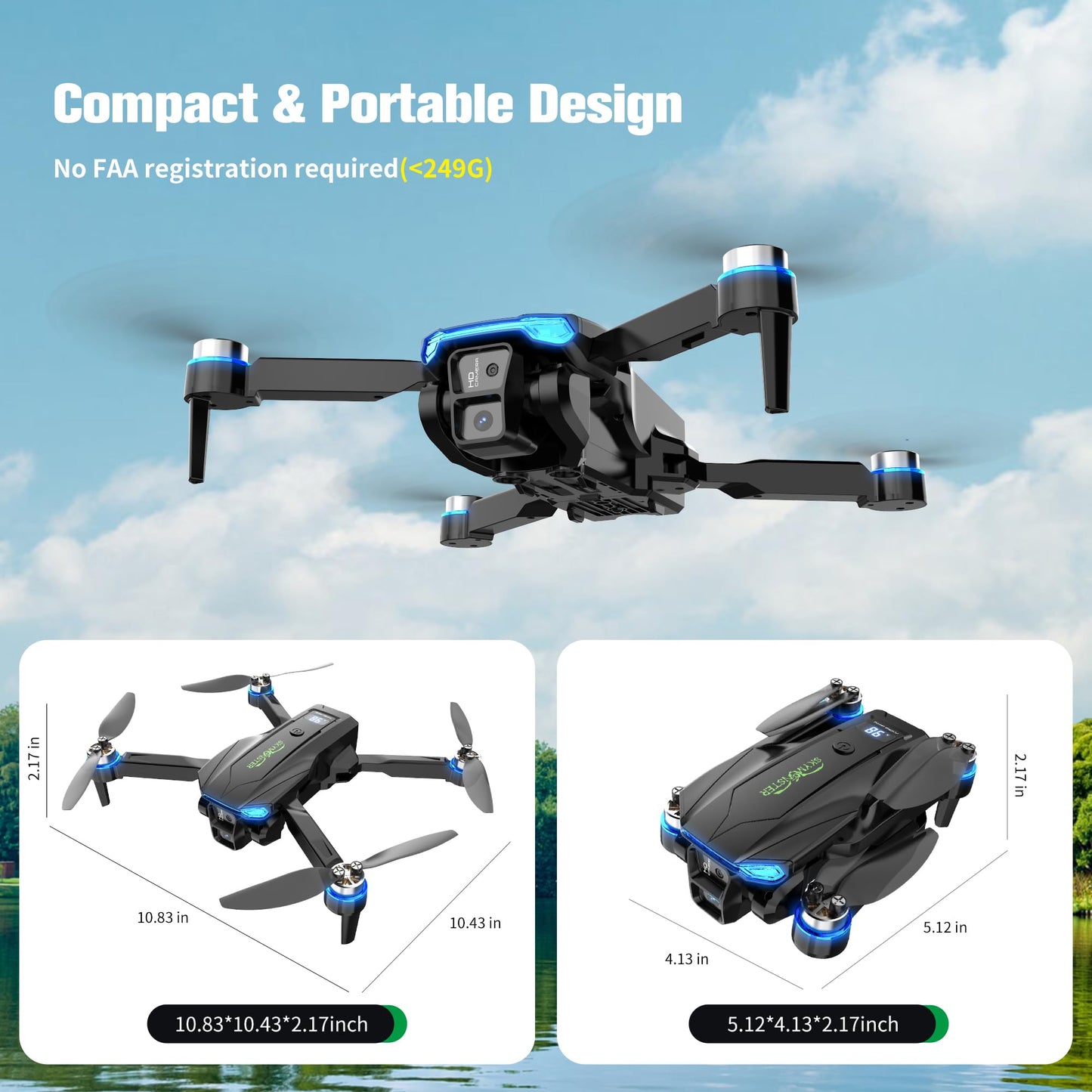 SKYMONSTER RC Drone,Drones 1080P HD Camera,3PC Batteries, FPV Foldable Drone With Brushless Motor,FPV Foldable RC Quadcopter, Real-Time Battery Display, Toys With Gift Box