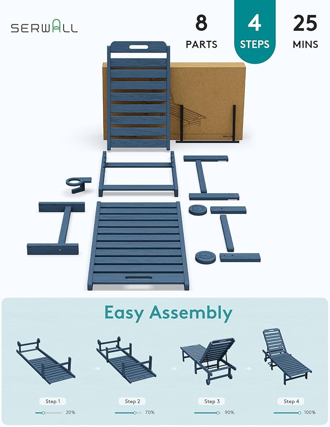 SERWALL Outdoor Chaise Lounge Set of 2, All-Weather HDPE Pool Lounge Chairs with 5-Position Adjustable Reclining Backrest, Rolling Wheels & Cup Holder for Poolside, Blue