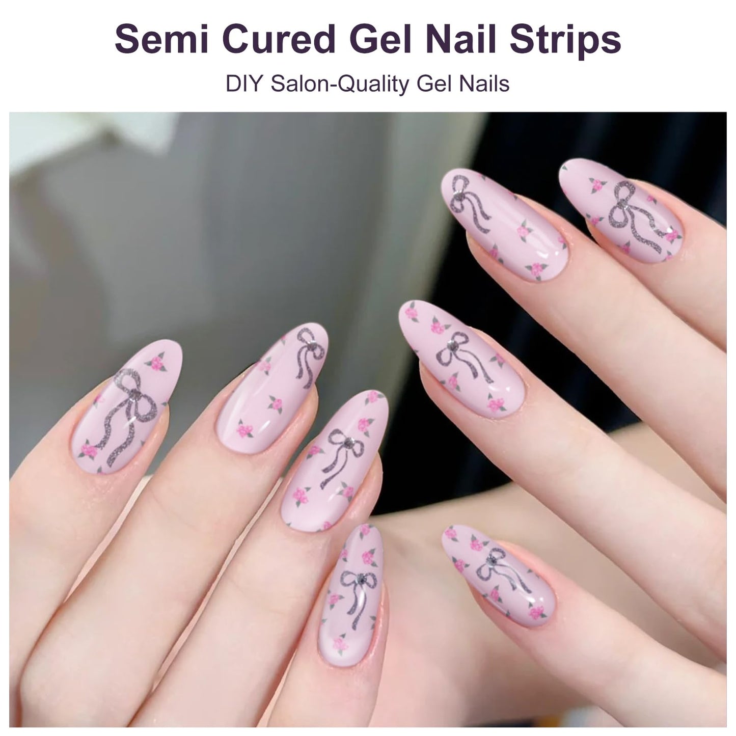 DUKASOU Semi Cured Gel Nail Strips,28 pcs Cute Bows Gel Nail Stickers with UV Light Required,Long Lasting Nail Art Stickers, Easy to Apply（Pink）