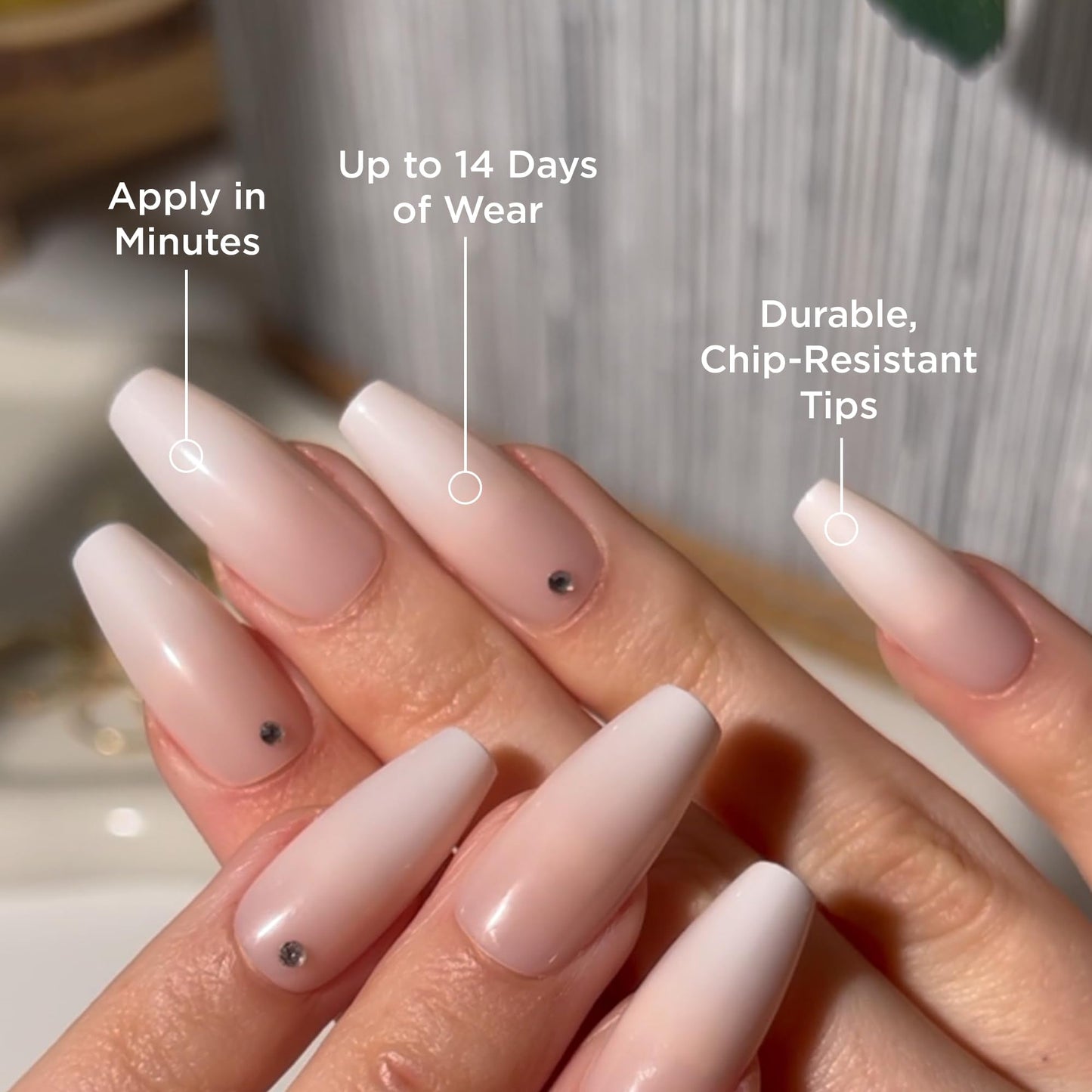 PaintLab Press On Nails - Gradient Nude (With Diamonds) Coffin Fake Nails, 30 Nails in 15 Sizes with Glue, Reusable Salon Quality Press On Nails