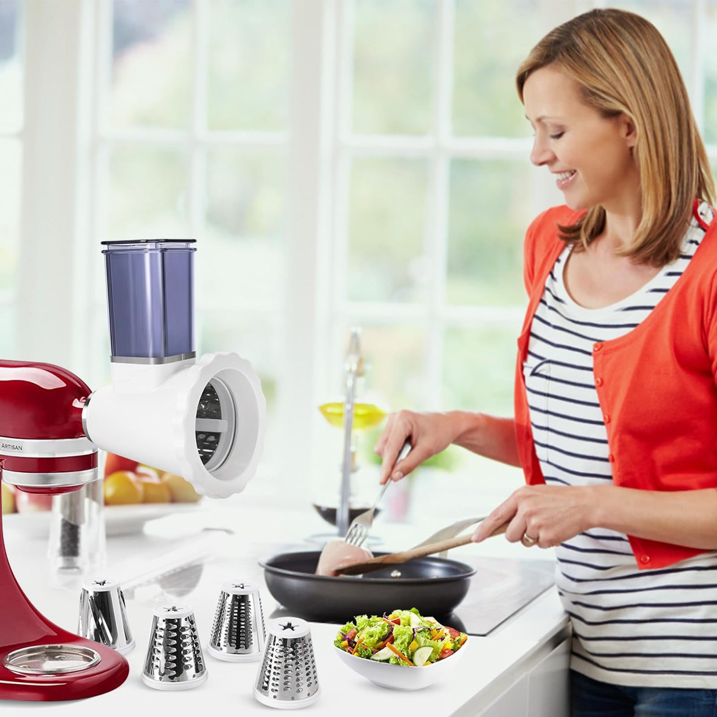 Upgraded Version - Cheese Grater Slicer Shredder Attachments for All KitchenAid Stand Mixers, Food Slicers Salad Maker Accessory Vegetable Chopper with 4 Blades Dishwasher Safe