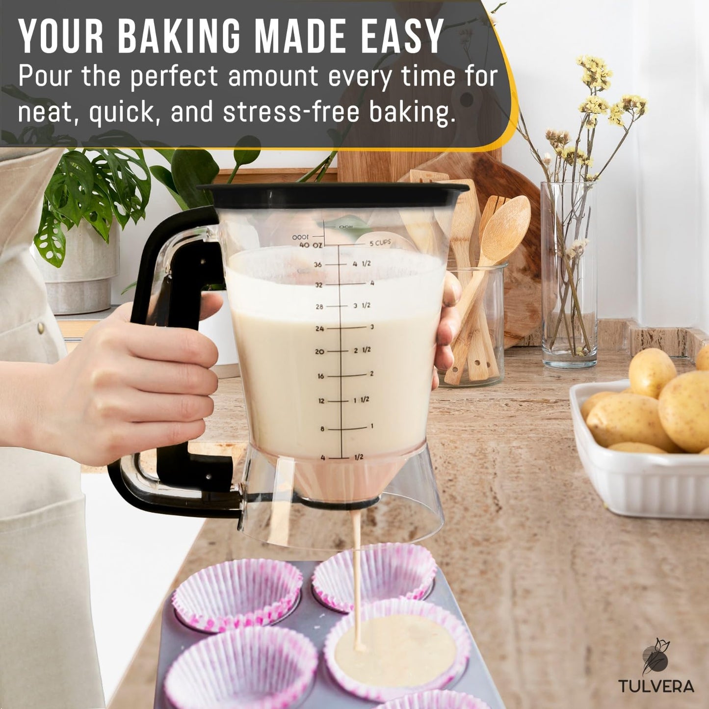 Pancake Batter Dispenser | 5-Cup Mix Pourer for Pancakes, Waffles, Crepes, Muffins, Cupcakes | Squeeze Handle, Portion Control Pitcher, Durable Drip-Free Design | Baking Accessories (Original Black)