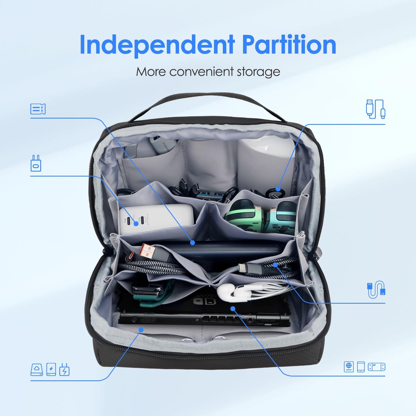LENTION Premium Electronics Organizer Case with Handle, Large Multi-Compartment Travel Tech Bag for Tablet, Macbook Chargers, Cables, AirPods, Hard Drive Case Waterproof Travel Accessory(M372 Black)