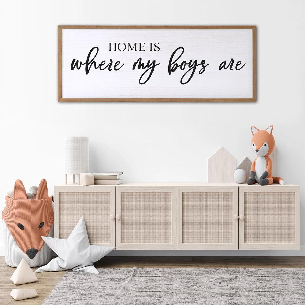 Home is Where My Boys are Sign Framed Wall Art, 40''×15'' Rustic Horizontal My Son Plaque with Natural Frame for Baby Kid Boy Son Teen Toddlers Room, Horizontal Mom of Boys Gifts Nursery Decor