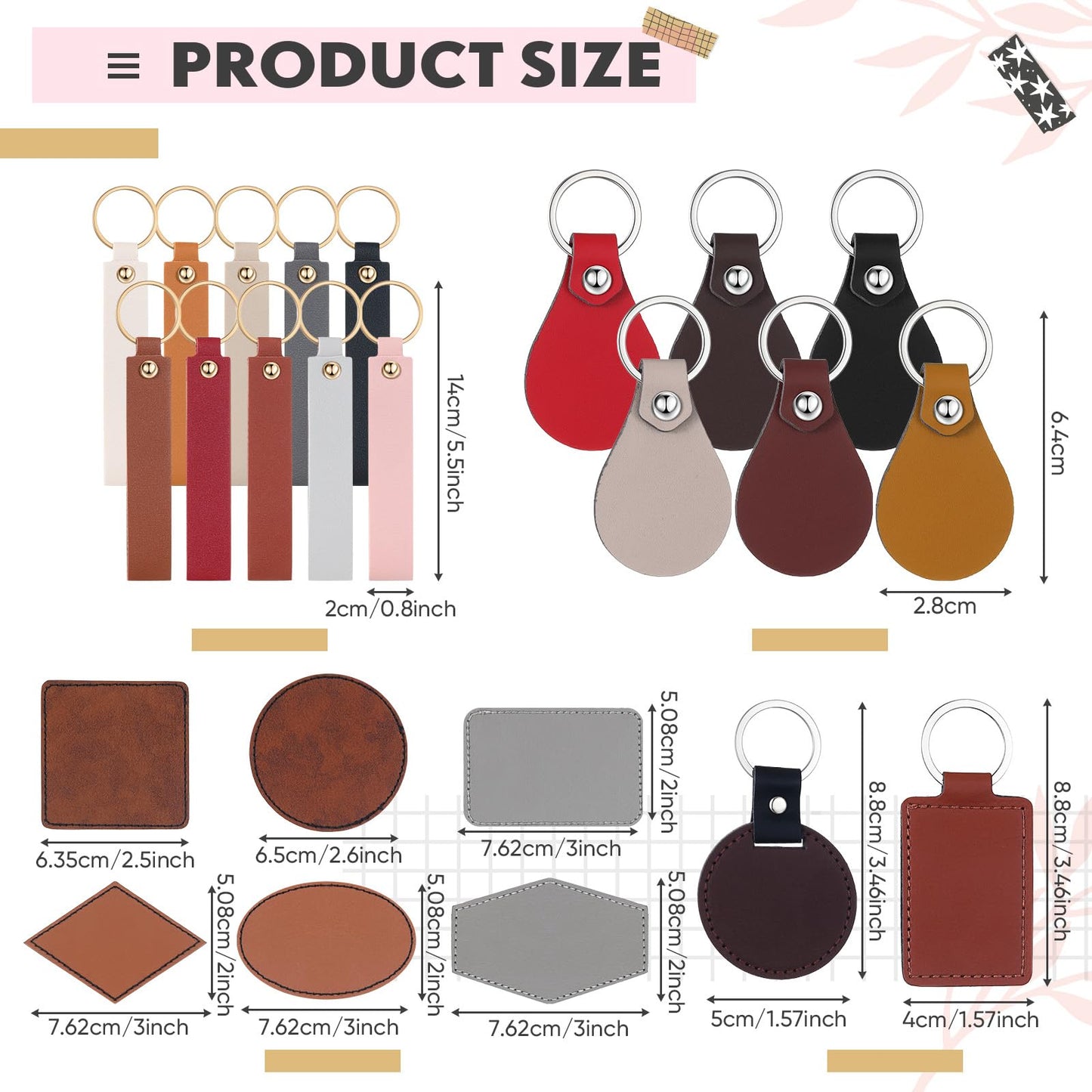 Ecation 150 Pcs Lasable Engravable Blanks 60 Leather Hat Patches 90 PU Leather Key Fob Kit Laser Blanks Keychain for DIY Custom Laser Engraving Craft Gifts Sublimation Hat Jacket Backpack(Multicolor)