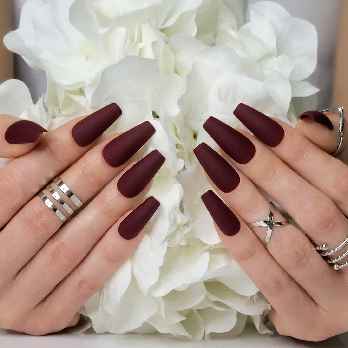 Hypnaughty 24 Pcs Maroon Xtreme Red Matte Coffin Press on Nails with Glue Medium Long Fake Nails Full Cover (Maroon Xtreme)