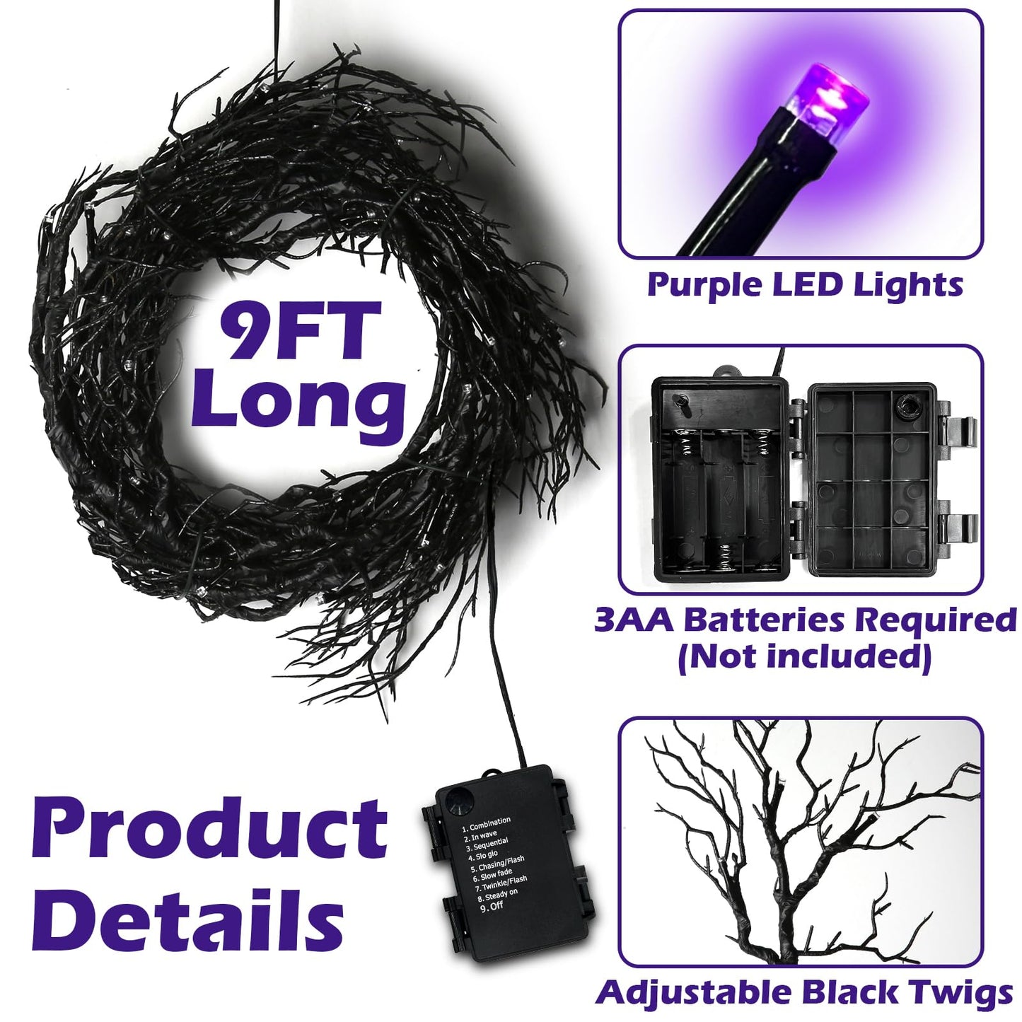 [ 8 Modes & Timer ] 9 Ft 66 LED Halloween Willow Vine Twig Decor Garland Decorations with Purple Lights, Halloween Garland with Battery Operated Waterproof for Home Wall Fireplace Mantle Decorations