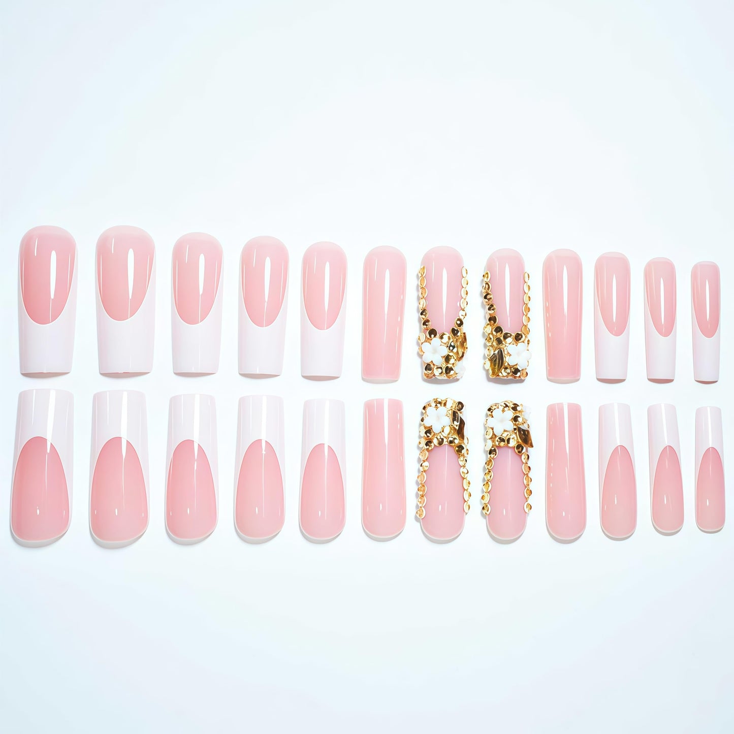 Long Press on Nails Square Fake Nails Gold Acrylic Nail Press Ons Seeneey French Designs Rhinestones Stick on Nail for Women 24pcs