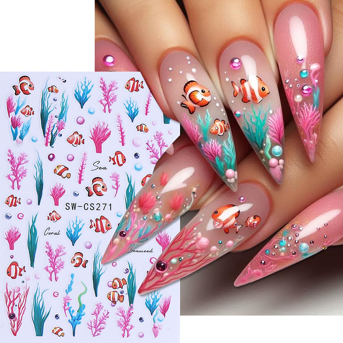 Marine Life Nail Art Stickers Decals 3D Self-Adhesive Fish Seaweed Nail Decals Design Supply Summer Fish Seaweed Marine Life Nail Stickers for Women DIY Manicure Decoration Accessories 4 Sheets