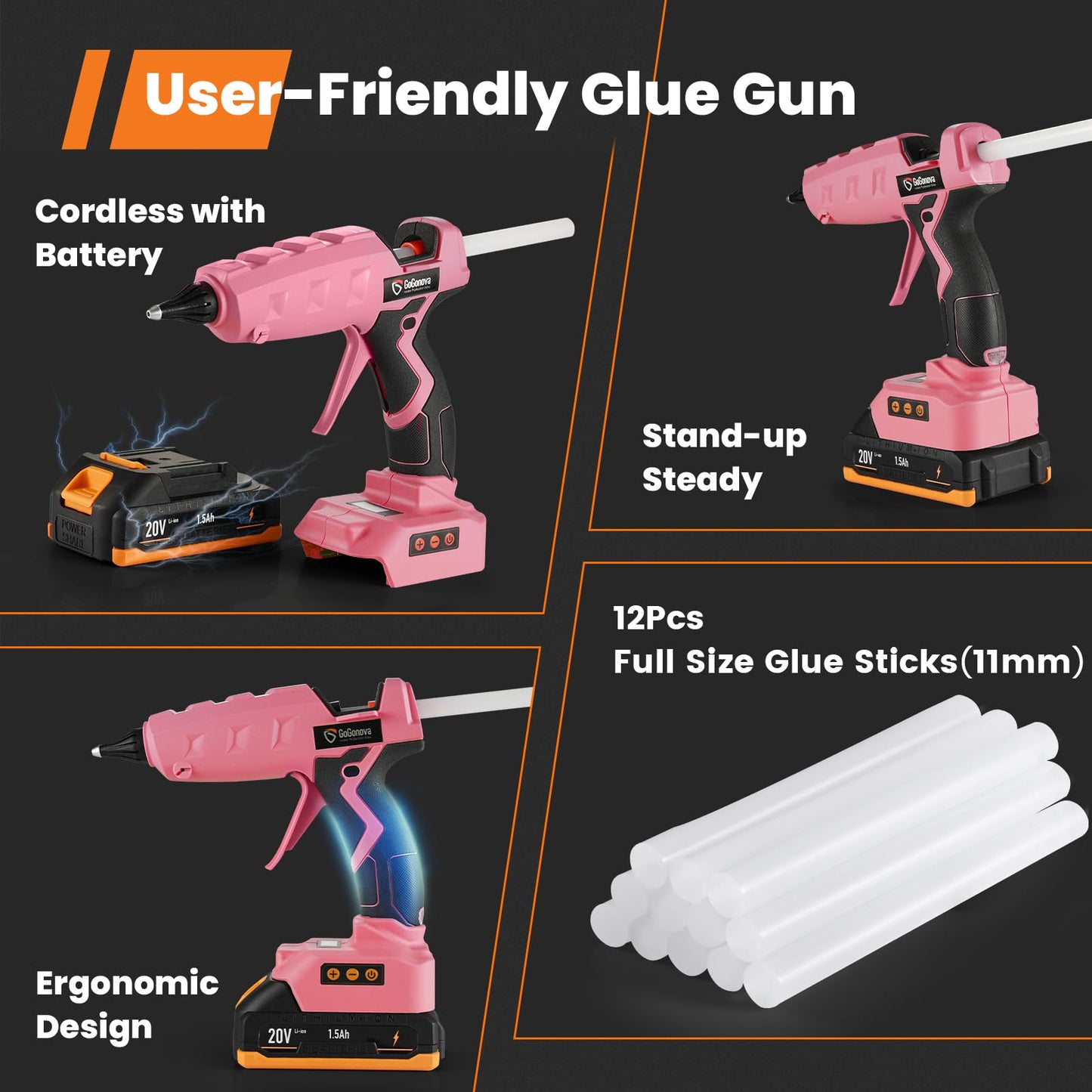 Full Size Cordless Glue Gun, GoGonova 20V Temp Adjust LCD Digital Display Fast Heating Accurate Dual Temp, Dripless Full Size Heavy Duty Hot Gun Kit with 12 Pcs Sticks (Battery Included)