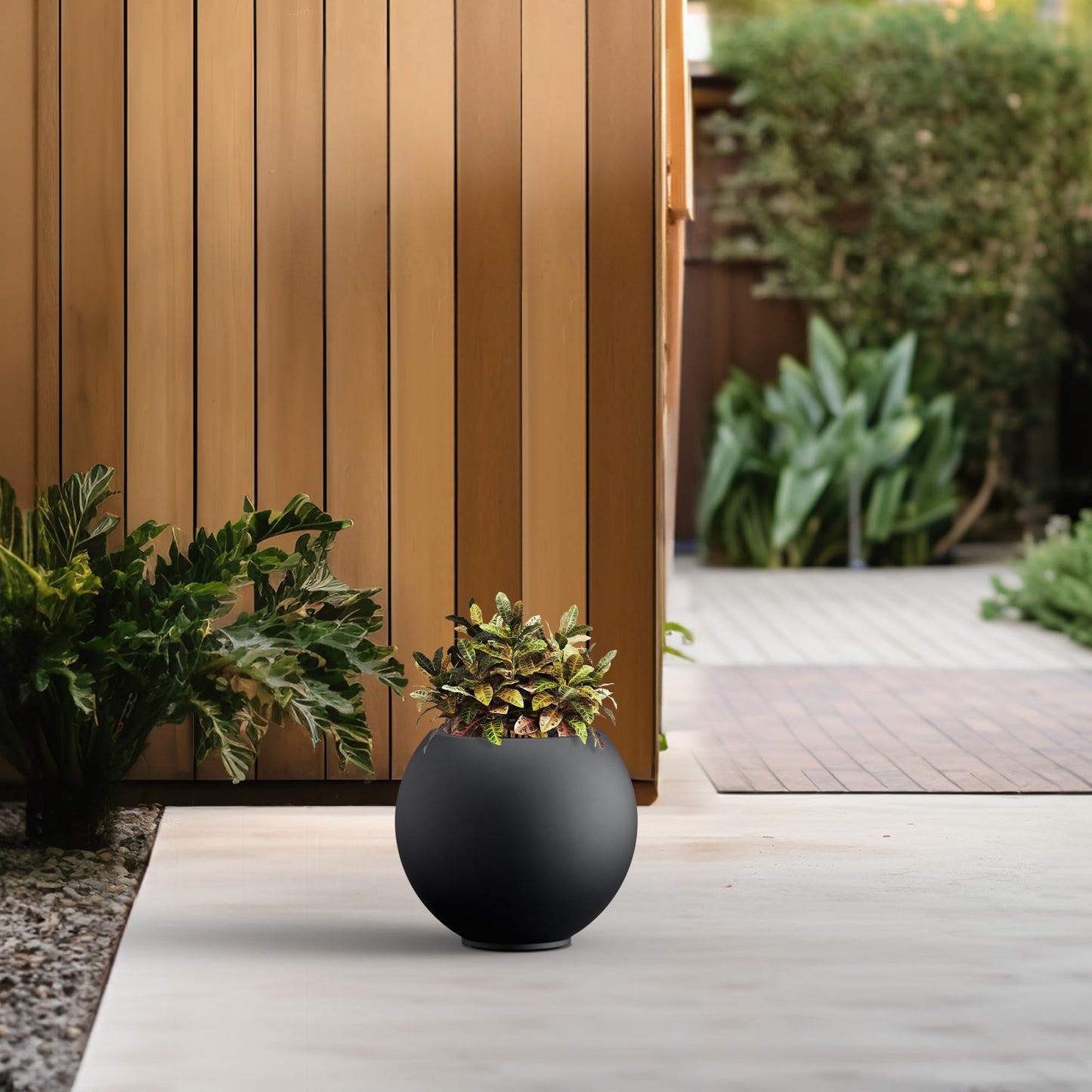 Kante Round Concrete Flower Pot, 11 Inch Dia (7.9" Opening) Sphere Shape Design Planter with Drainage Hole and Rubber Plug for Indoor & Outdoor Plants, Black Finish with Painted Interior