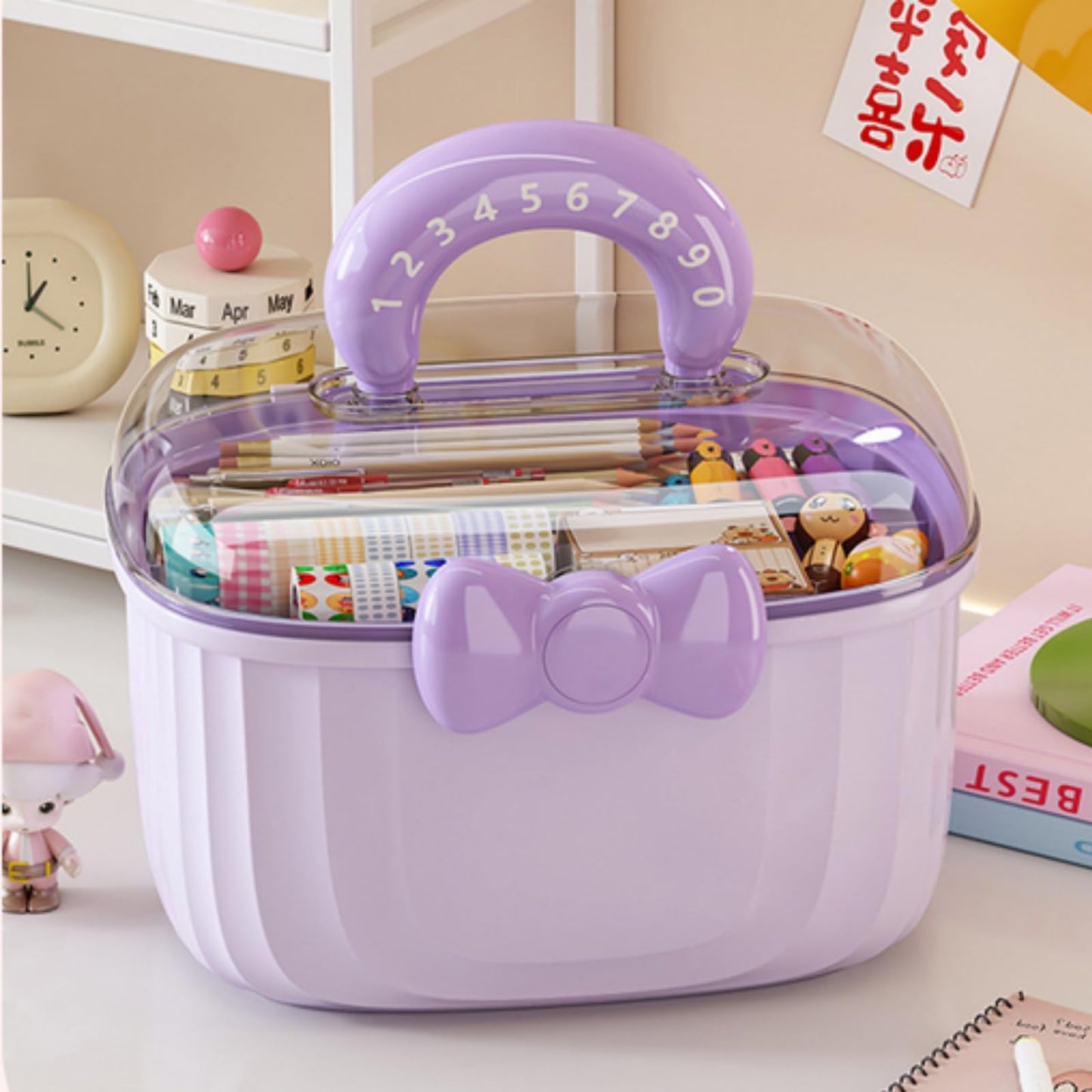 Noamus 10" Multipurpose Storage Box with Removable Tray, 2 Layer Cute Hair Accessories Organizer, Clear Plastic Folding Craft Case for Headbands, Sewing, Clips Ties Supplies, Purple
