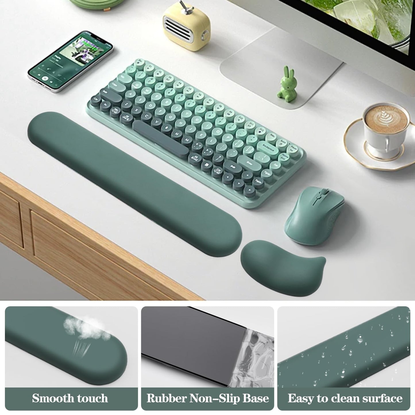 Wrist Rest for Keyboard and Mouse Pad, Ergonomic Memory Foam Keyboard Wrist Rest Set, Luxe Leather, Non-Slip Desk Accessories for Office and Home (Green)