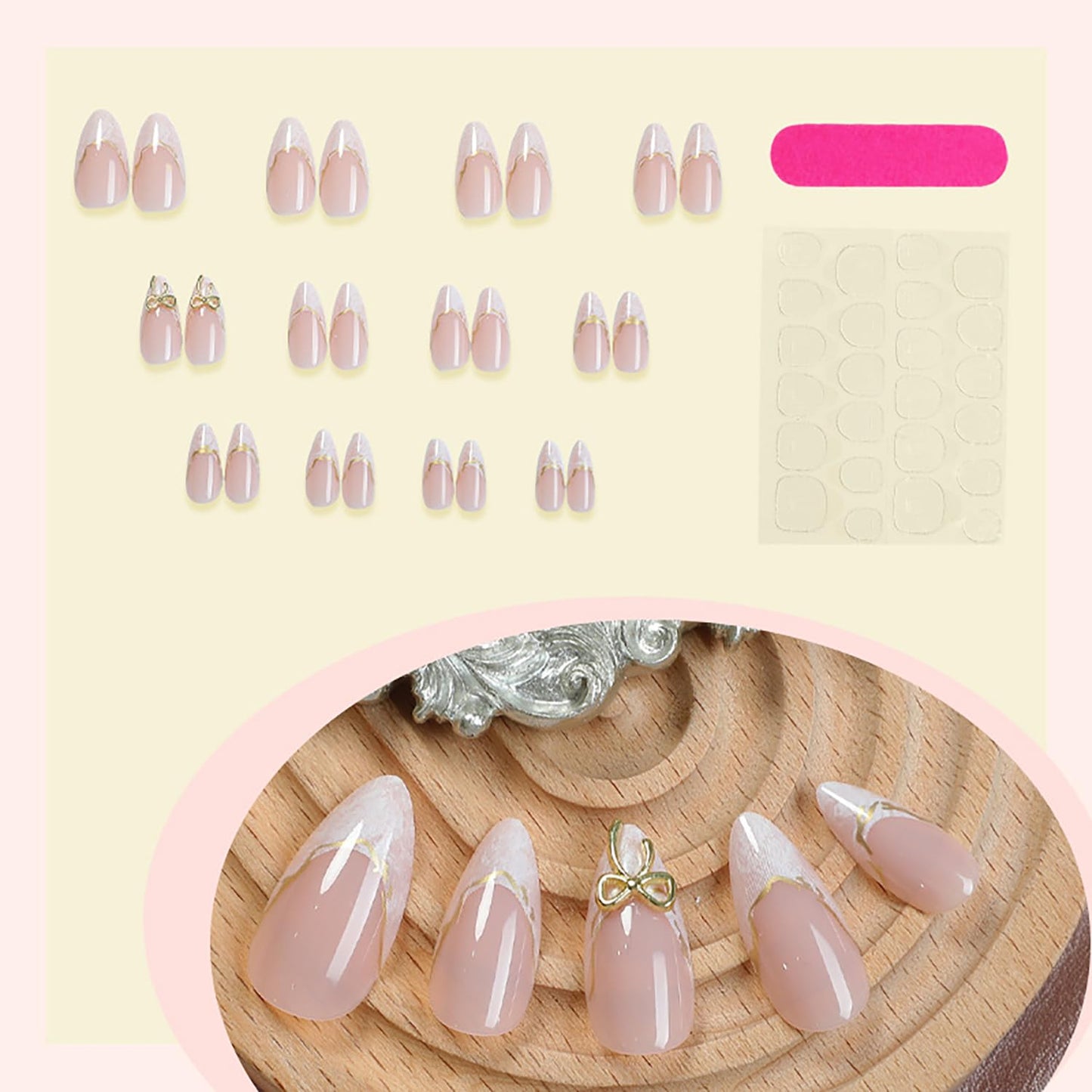 French Tip Press On Nails Almond Medium Fake Nails Nude Pink False Nails With Gold Bow Designs Acrylic Nail Press Ons Full Cover Glue On Nail Reuseable Stick On Nails For Women 24Pcs