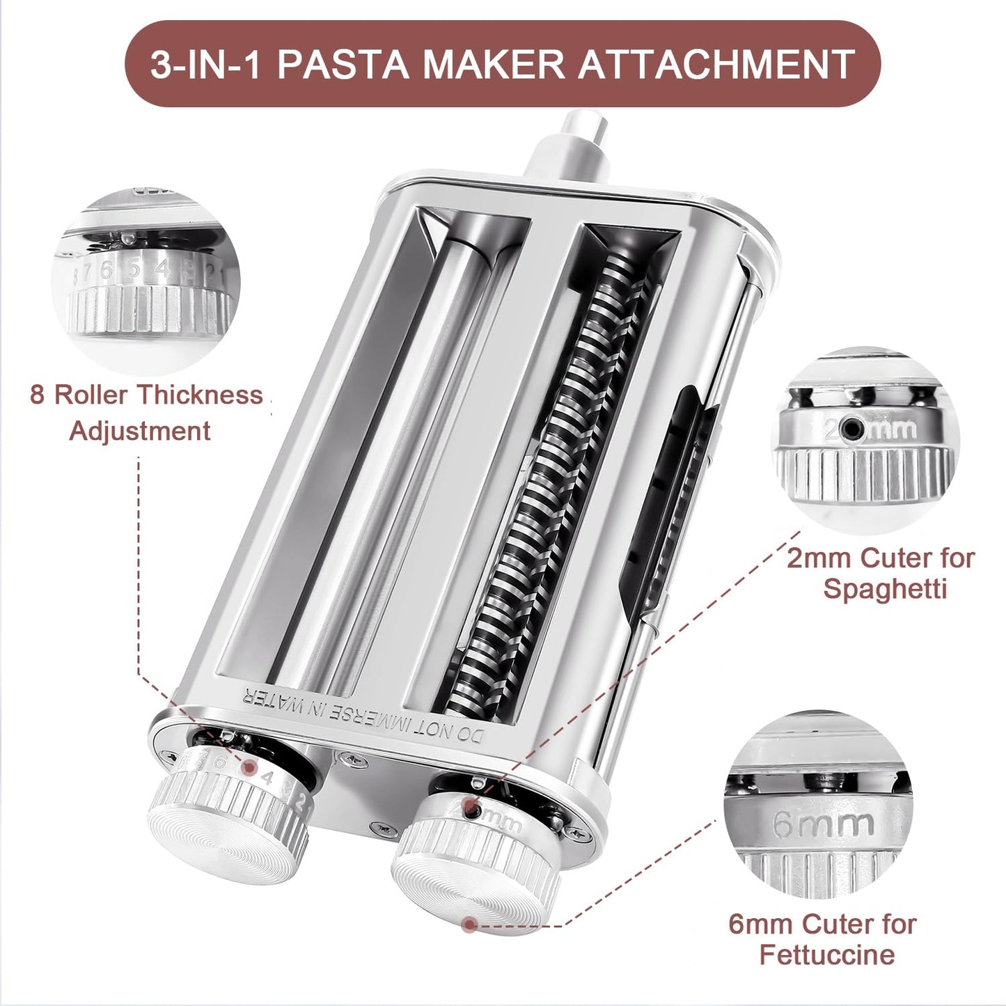 Pasta Maker Attachment for KitchenAid Stand Mixers, 3-in-1 Stainless Steel Pasta Roller & Cutter Set with Spaghetti and Fettuccine Blades, Includes 1 Metal Knob Screw Replacement