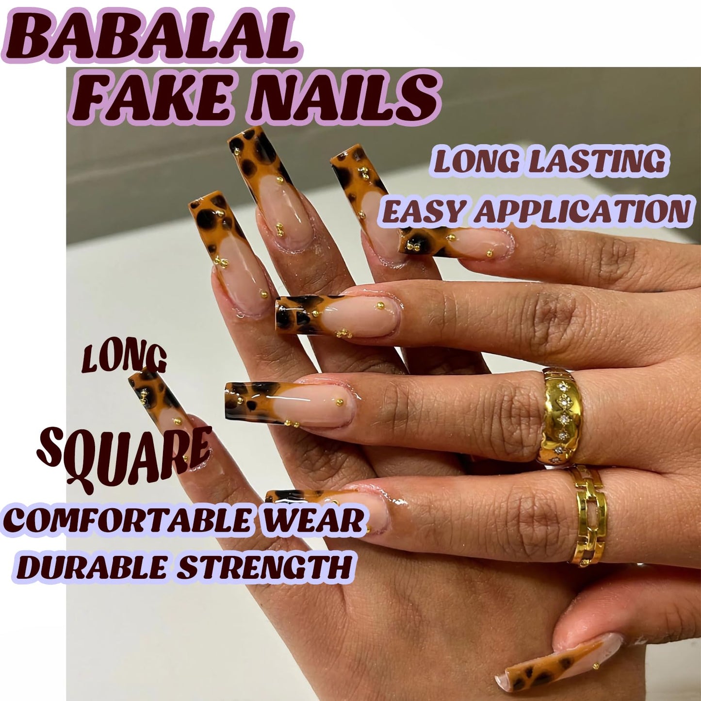 BABALAL Square Press on Nails Long Fake Nails Brown French Tip Glue on Cheetah Design Fall Acrylic Nails 24Pcs Manicure Ombre Squoval Stick on Full Cover False Nail