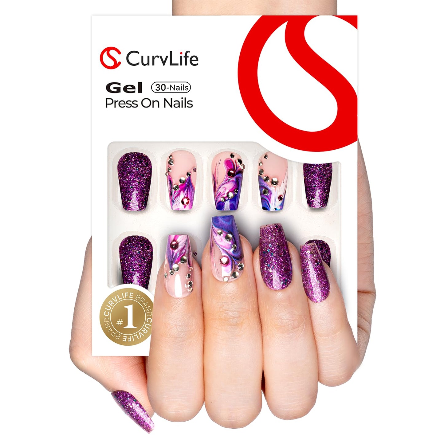 Curvlife Press on Nails Acrylic Long Square Fake Nails with Dream violet Design Full Cover False Nails Tips for Women Reusable Nail Kit with Nail Glue Adhesive Tabs