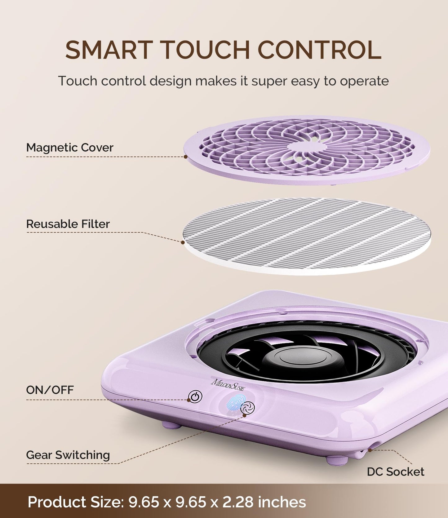 MelodySusie Professional Nail Dust Collector with Max Suction Power,SProF 4500RPM Nail Vacuum Fan with 3 Suction Modes,Touch Control,Acrylic Nail Tools for Nail Tech & Salon Use,Purple