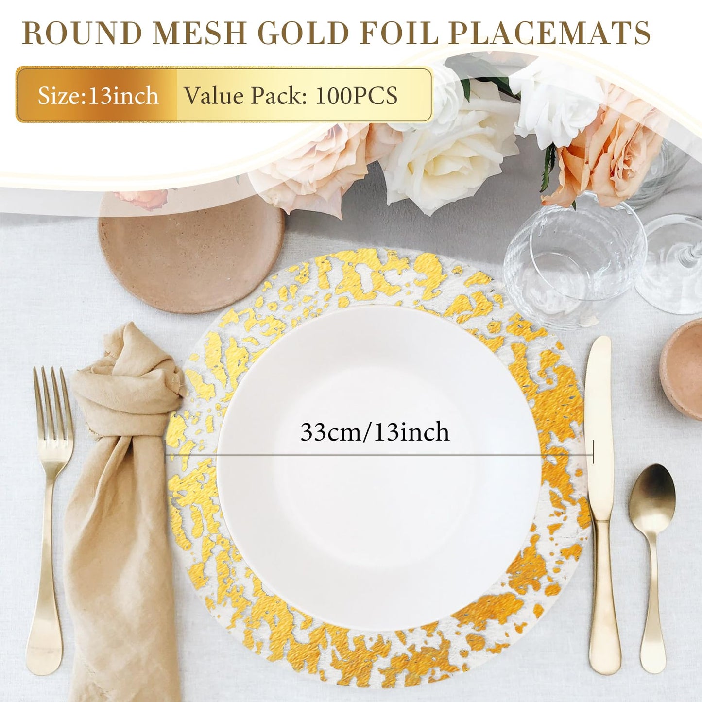 KesaPlan 100 PCS Disposable Gold Placemats Set, 13" Metallic Round Doilies for Tables, Gold Foil Mesh Pressed String Table Mats, Thin Mesh Decorative Doilies for Wedding, Holiday, Party, Christmas