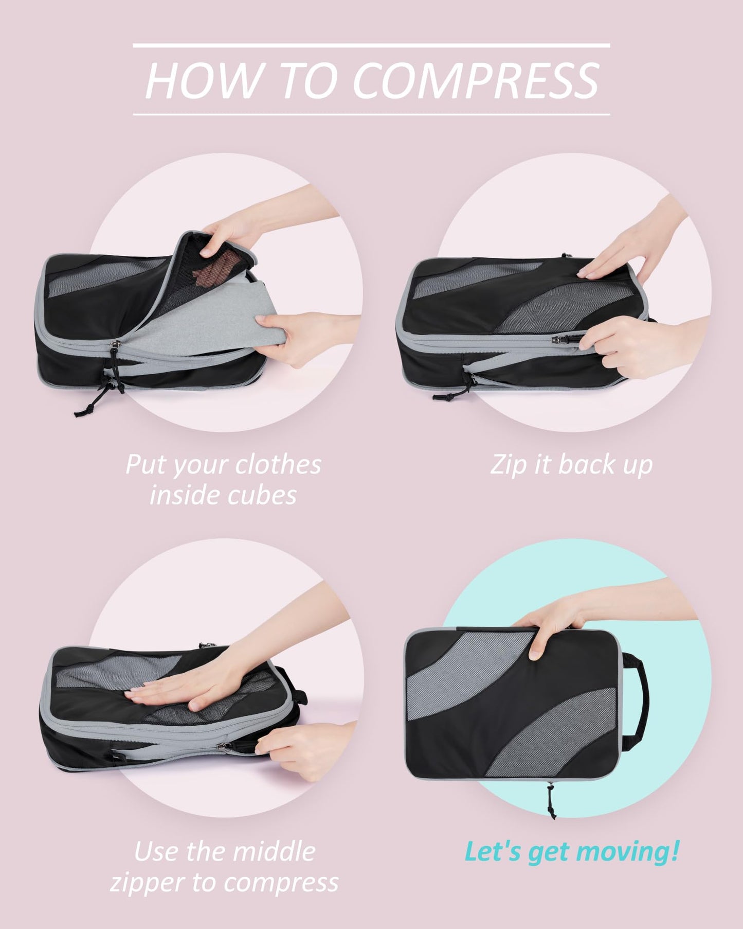 BAGSMART Compression Packing Cubes for Travel, 6 Set Packing Cubes for Suitcases, Compression Suitcase Organizers Bag Set & Travel Cubes for Luggage, Lightweight Packing Organizers Black