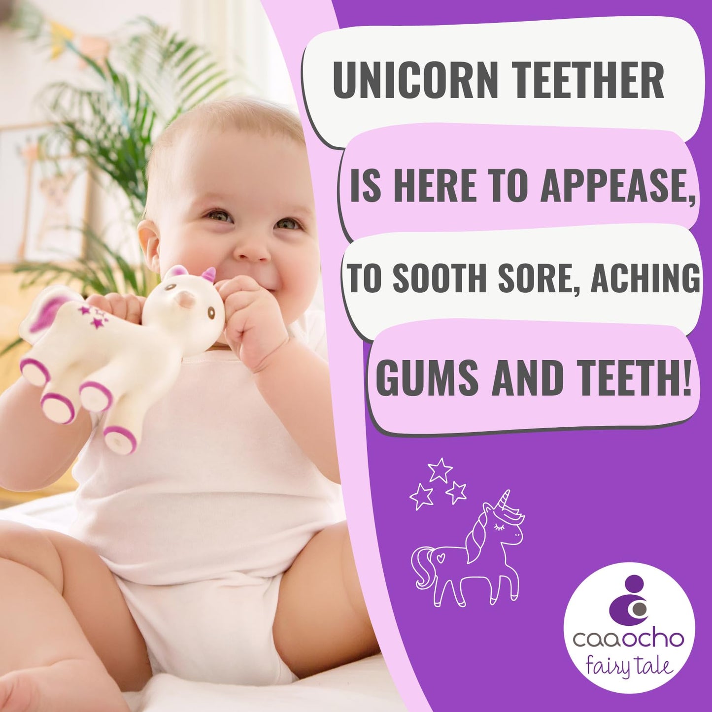 CaaOcho Pure Natural Rubber Teething Baby Toy - Mira The Unicorn Teether for Babies, BPA Free Baby Toy, All Natural Teething Toys for Babies 0-6, Safe and Fun Molar Teether Toy