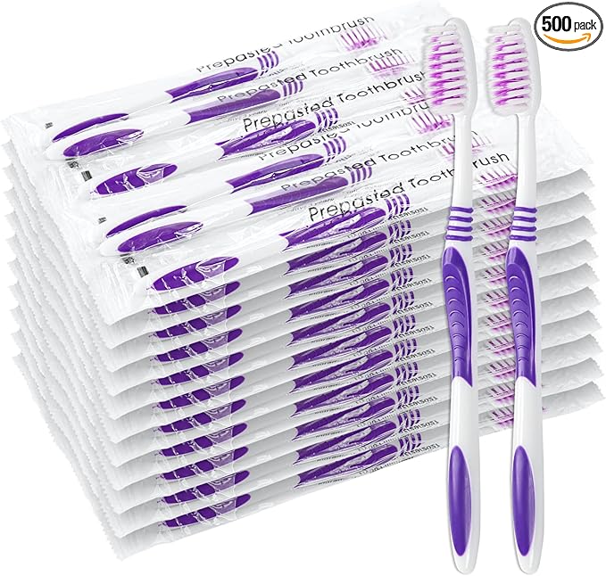 500 Prepasted Disposable Toothbrushes Individually Wrapped Pre Pasted Toothbrushes Soft Bristle Travel Tooth Brush Single Use Wrapped for Hotel, Camping, Travel and Gift for The Homeless (purple)