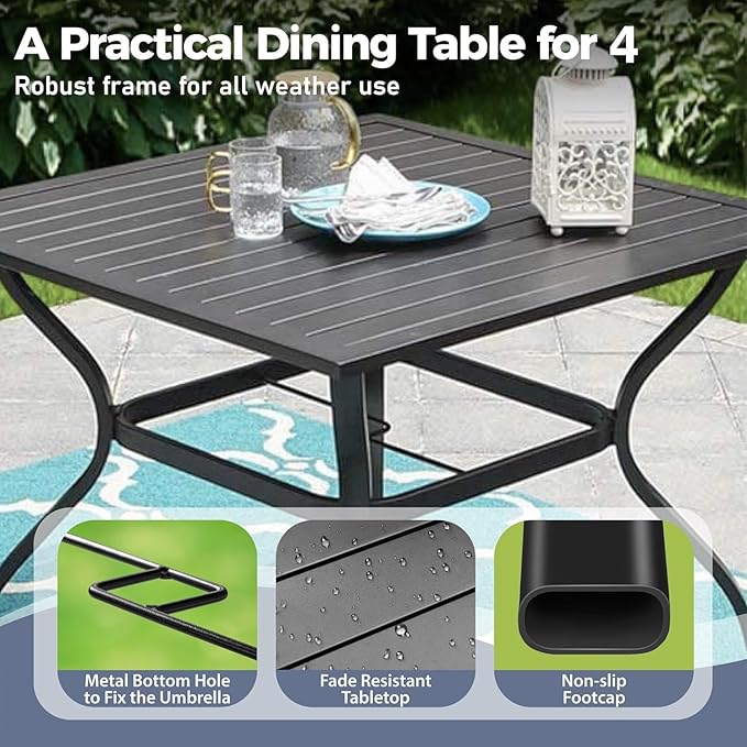 5 Piece Patio Dining Set for 4, 37”x37” Square Table with Umbrella Hole and 4 Metal Blue Chairs, Outdoor Table and Chairs Set for Lawn Backyard and Deck